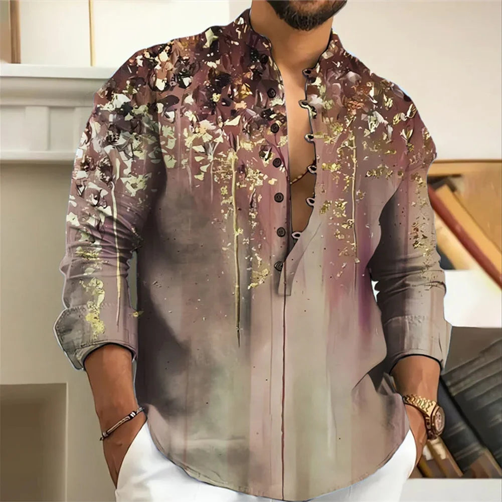 Men Long Sleeve Button-Down Shirt Blouse Loose Henley V-Neck Beach Tops T Shirts