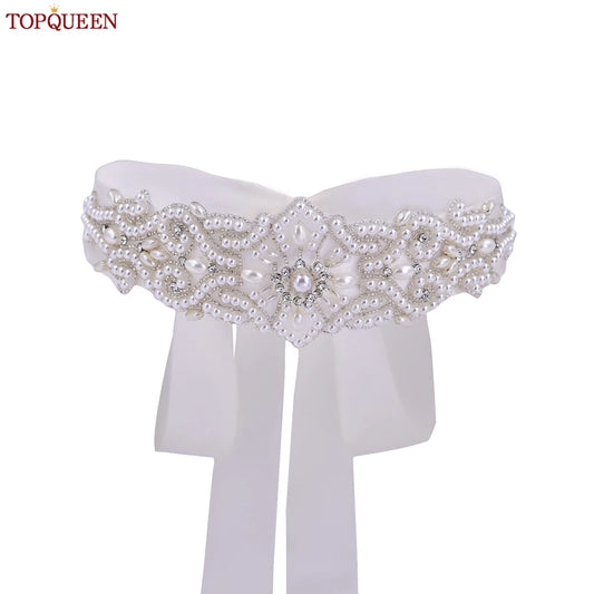 TOPQUEEN Wedding Dress Belt Luxury Full Pearl Bridal Belt Women Moroccan Decoration Satin Ribbon Belt Handmade Beaded S26A