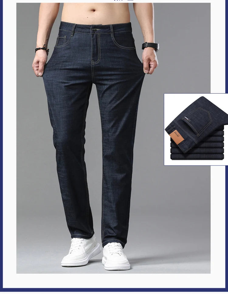 2025 Spring Summer Thin Classic Men's Business Jeans Stretch Trousers Casual Straight Denim Pants  Brand Male Clothing 28-40