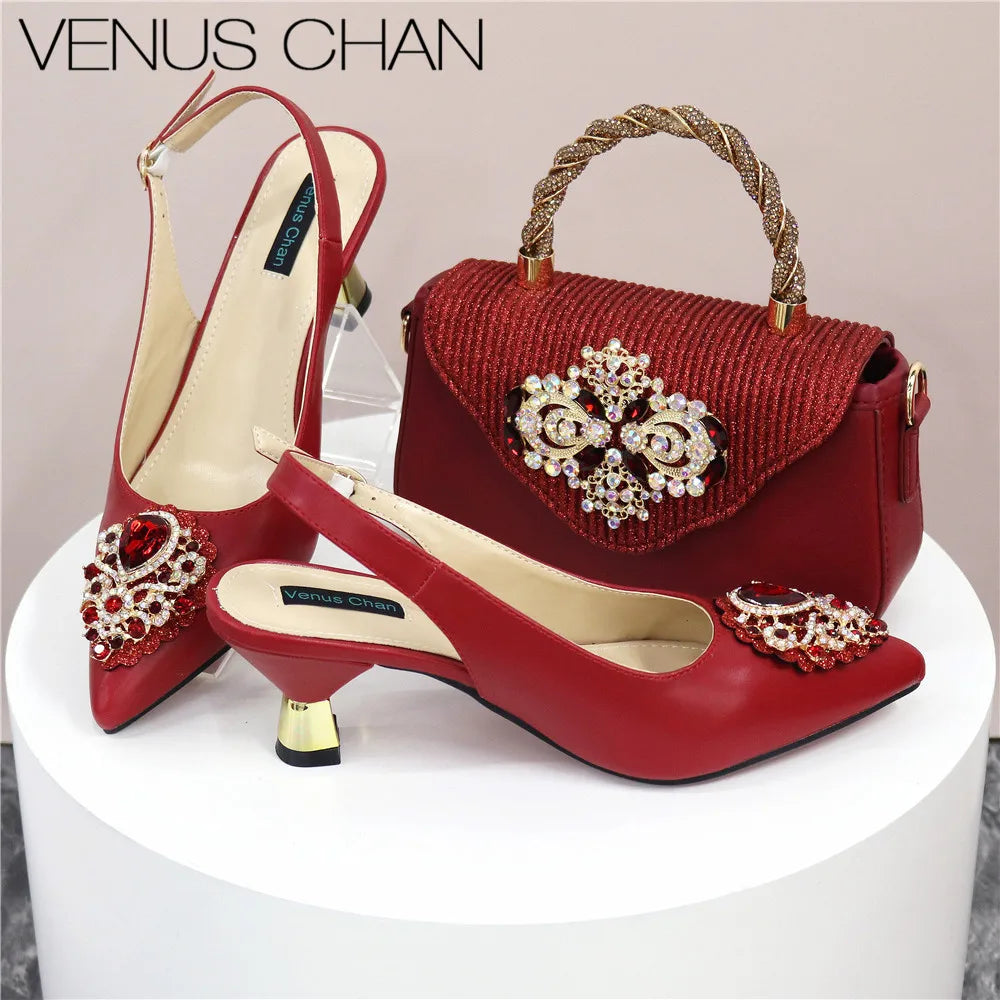 Italian 2024 Fashion Design Diamond Chain Full Diamond Bag And Pointed High Heels Noble And Generous Decoration Full Diamond