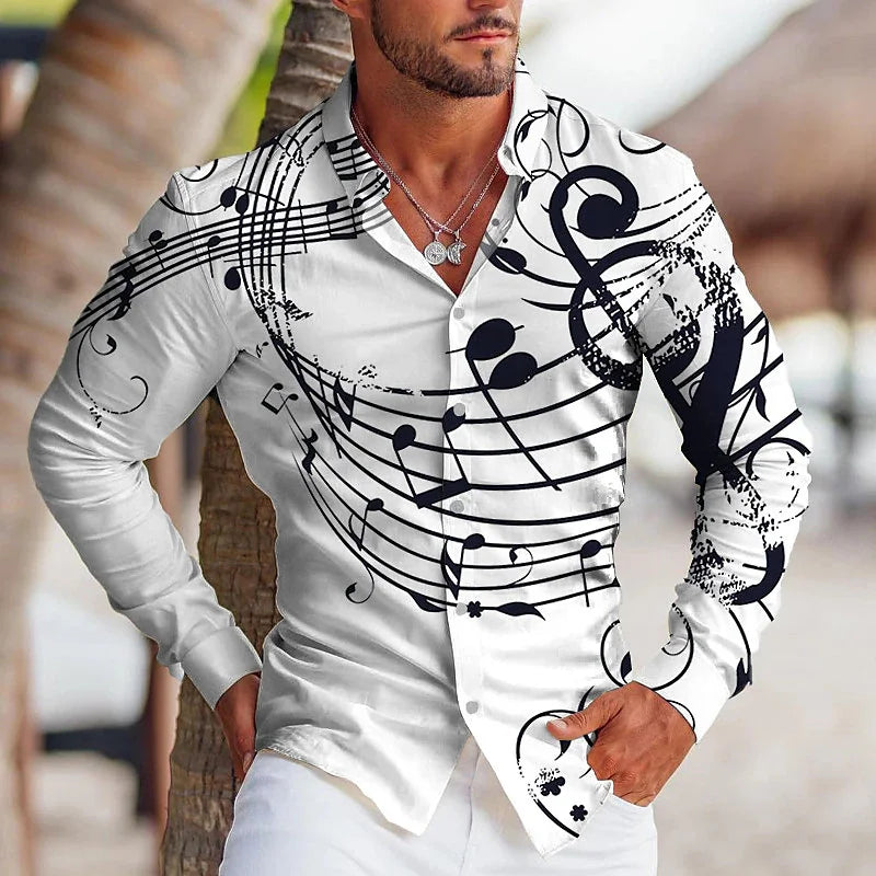 High-End New Men's Shirt Fashion 3D Printed Long Sleeve Shirt Musical Lapel Button Up Men's Cardigan Shirt S-6XL