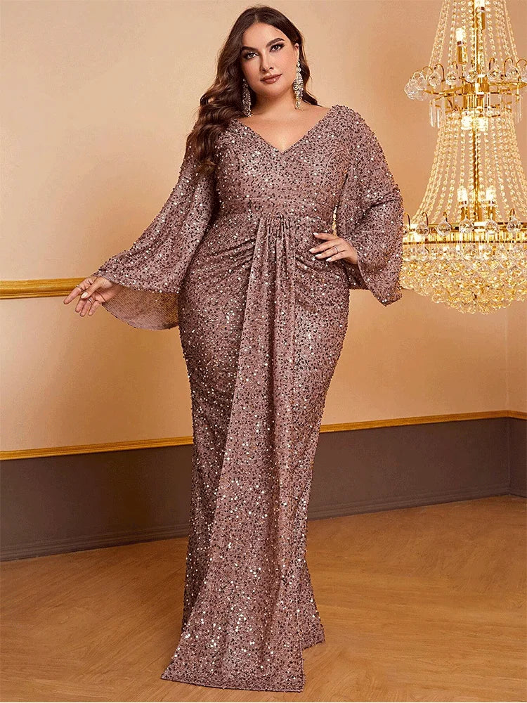 Plus Size Women's Long Sequin Dress, Plus Size, V Neck, Apricot, Shiny, Loose, Autumn, Evening Dress, Long Sleeve, 5XL, 6XL