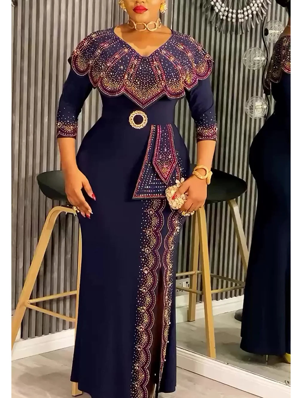 Plus Size African Party Dresses for Women Dashiki Diamond Bodycon Slit Long Dress Elegant Turkey Muslim Wedding Evening Gown