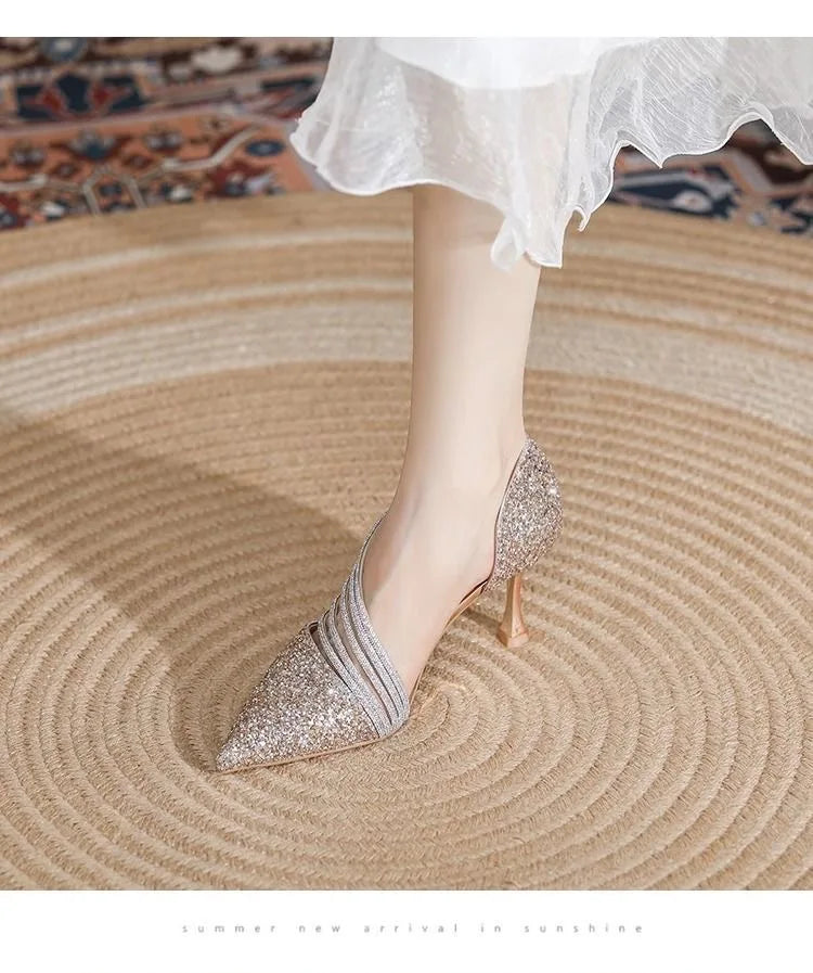 Sexy Pointed Toe Champagne Ladies High Heels New Shiny Crystal Wedding Bridal Shoes Simple and Elegant Women's Dress Shoes