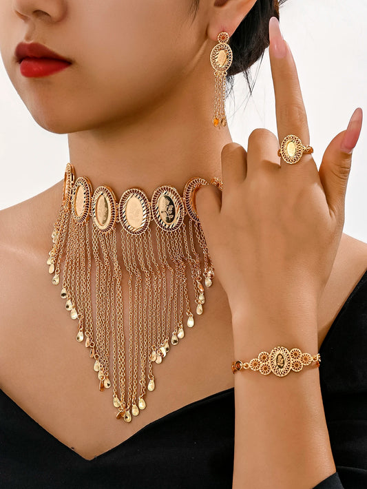 Dubai Fashion Wedding Jewelry Set for Women Round Necklace Tassels Bracelet Ring Earrings Sets African Bridal Gifts