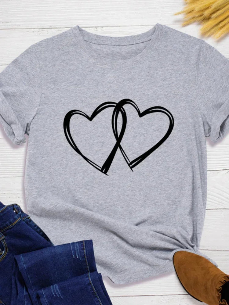 Double Heart Print Women T Shirt Short Sleeve O Neck Loose Women Tshirt Ladies Fashion Tee Shirt Tops Clothes
