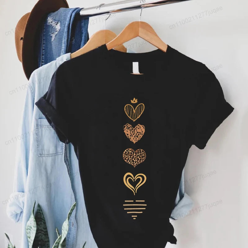 Leopard Heart Print Tshirt Women Fashion T Shirt Casual Summer Tee Leopard Heart Shirts Hip Hop Streetwear Short Sleeve Shirt
