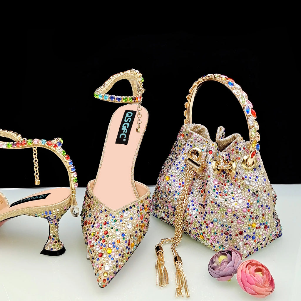 QSGFC New Gold Glitter Fabric Pointed Toe High Heels With A Variety Of Shapes Of Rhinestones Fashion Party Ladies Shoes And Bag