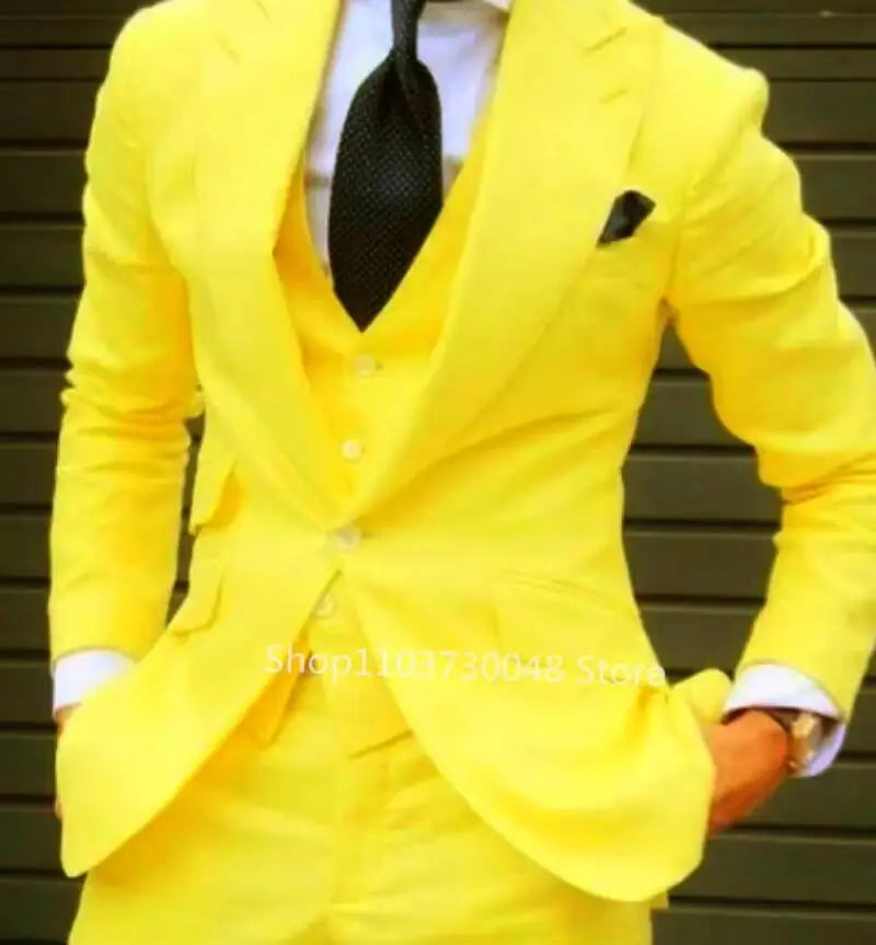 Solid Color Fashion Men Boutique Business Suits Wedding Suit Formal Groom Tuxedos 3 Pcs Set Dress Peak Lapel Blazer Vest Pants