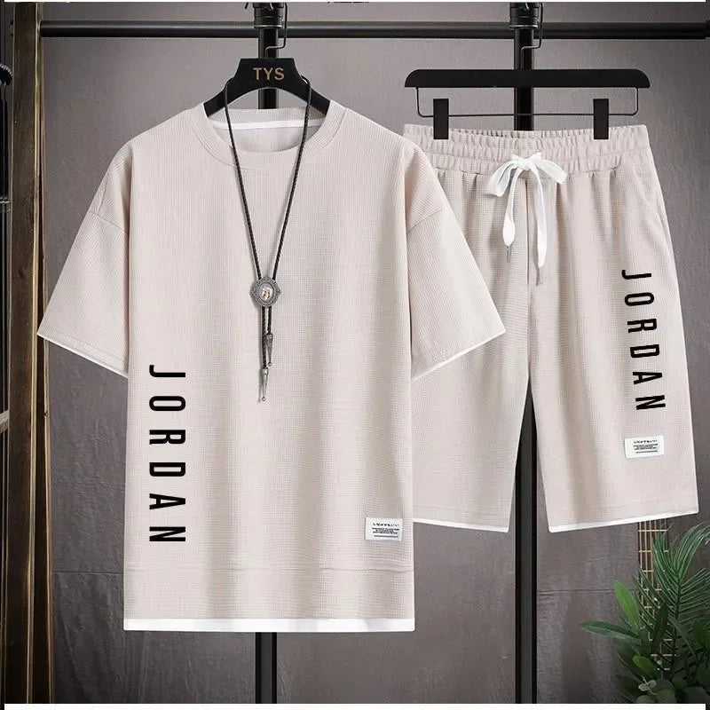 Summer men breathable quick dry jogging basketball sports suit fashion short-sleeved casual crewneck T-shirt + shorts two-piece