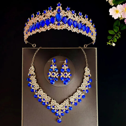 Bridal headwear, crown, three piece set, wedding necklace, earrings, crystal set, European and American wedding accessories