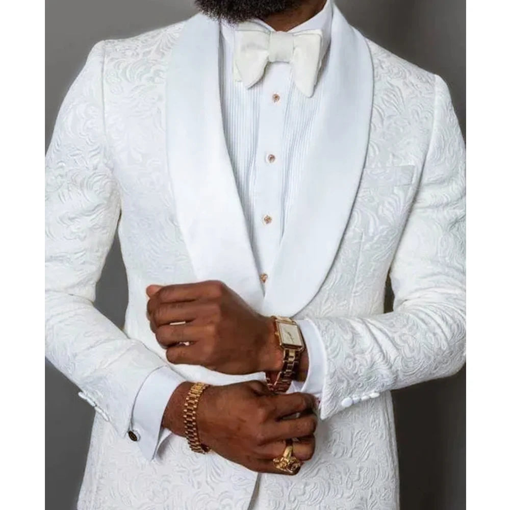 Formal Men Suits Single Breasted Shawl Lapel Blazer White Jacquard Slim Fit Wedding Full Set Chic 2 Piece Jacket Pants Outfits