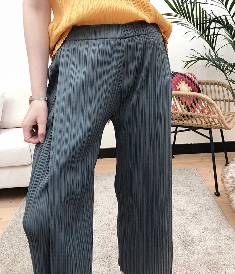 Miyake Pleated Black High Waist Split Side Straight Pants Women Causal Loose Cropped Trousers