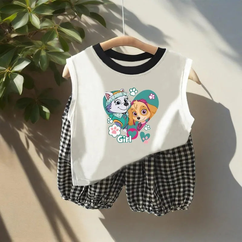 Summer Children Sleeveless Vest and Plaid Shorts 2pcs Sets PAW Patrol Boys Breathable Outfits Baby Girls Casual Clothes  Suit