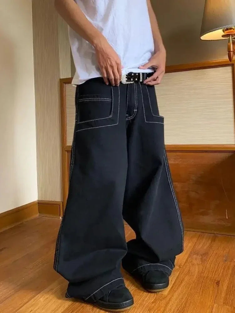 HOUZHOU Y2k Oversized Black Women Jeans Vintage Wide Leg Embroidery Denim Trousers Grunge Hip Hop Style Streetwear Baggy Jeans
