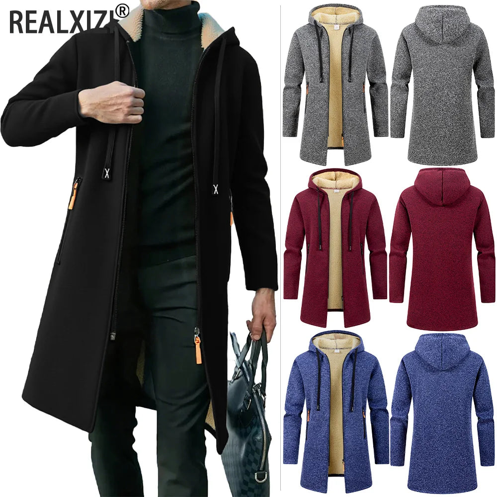 Men's Thickened Overcoat Jackets Winter Warm Zipper Hoodies Long Sleeve Sweatshirts Outdoor Casual Solid Color Streetwear Tops