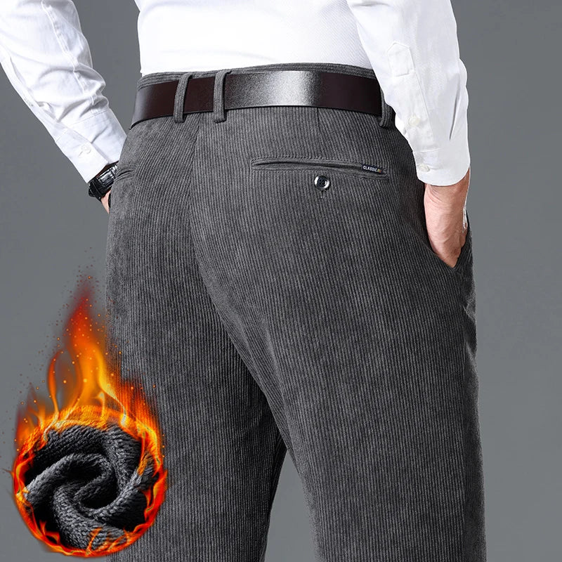 Winter New Corduroy Thick Pants Men's Fleece Fashion Business Straight Trousers Brand Comfortable Velvet Warm Plush Loose Pants