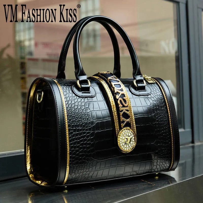 Classic Retro Women's Shoulder Bag Boston Handbag Crocodile Embossed Crossbody Letter Decoration High Quality Top Handle Bag