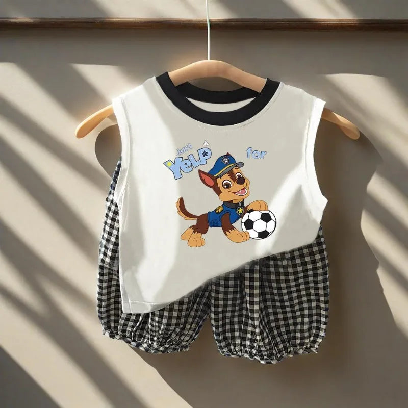 Summer Children Sleeveless Vest and Plaid Shorts 2pcs Sets PAW Patrol Boys Breathable Outfits Baby Girls Casual Clothes  Suit