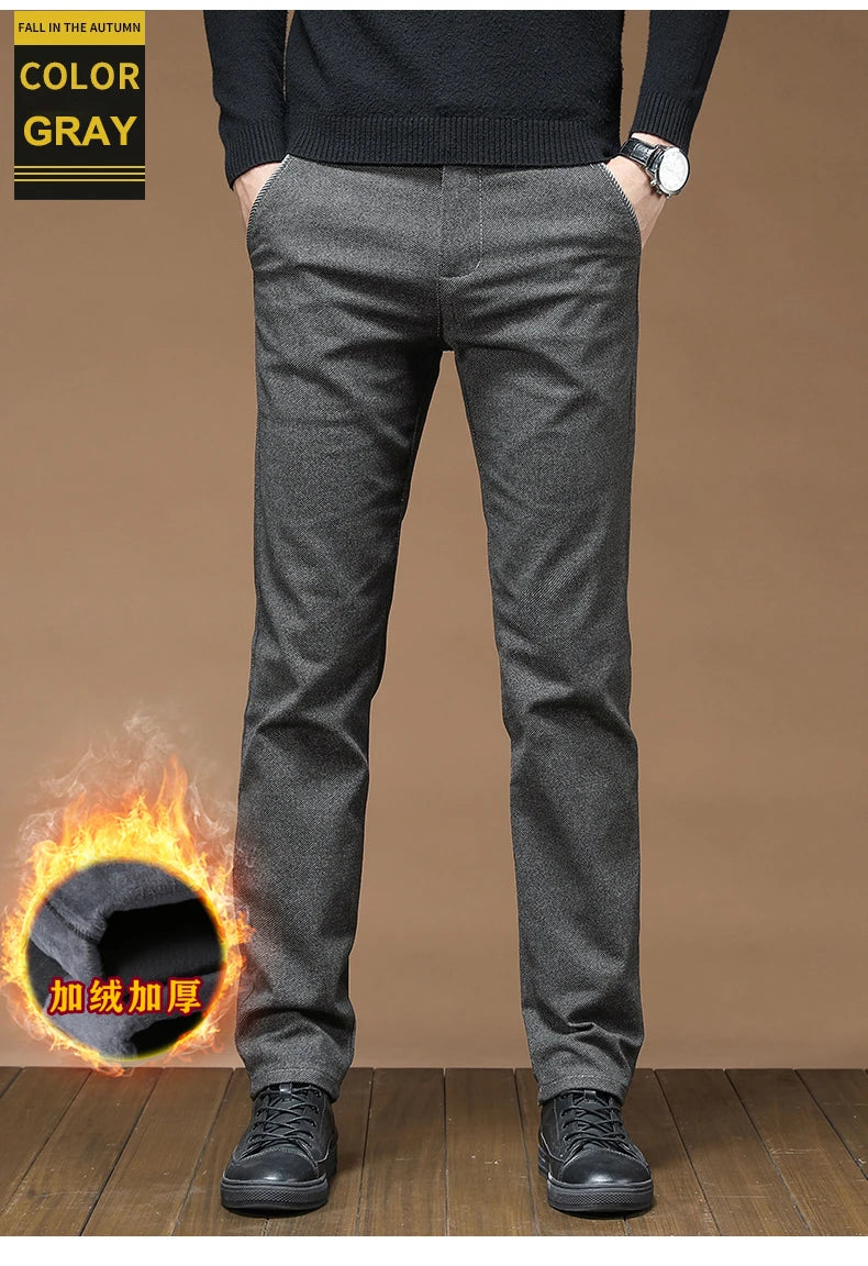 Winter Fashion Thermal Mens Casual Pants Fleece Lined Straight  Business Trousers Versatile Black Gray Blue Brand Trousers