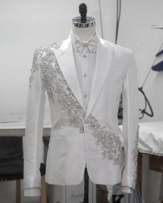 Modern Men's Suits Tailored Appliques Crystals 1-Piece Blazer Peaked Lapel Formal Occasions Party Customized Plus Size Tuxedo