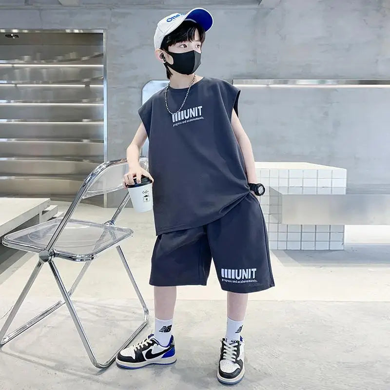 Boys Summer Suit New Children's Sleeveless Vest Sports Suit Fried Street Clothes Cool Handsome Summer Children's Clothing