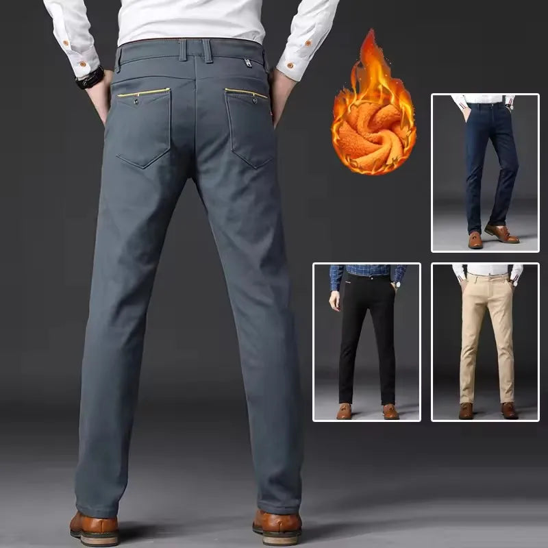 Winter Men Korean Fashion Straight Leg Pants Winter Snow Warm Thermal Thicken Casual Pants New Fleece Slim Fit Business Trousers