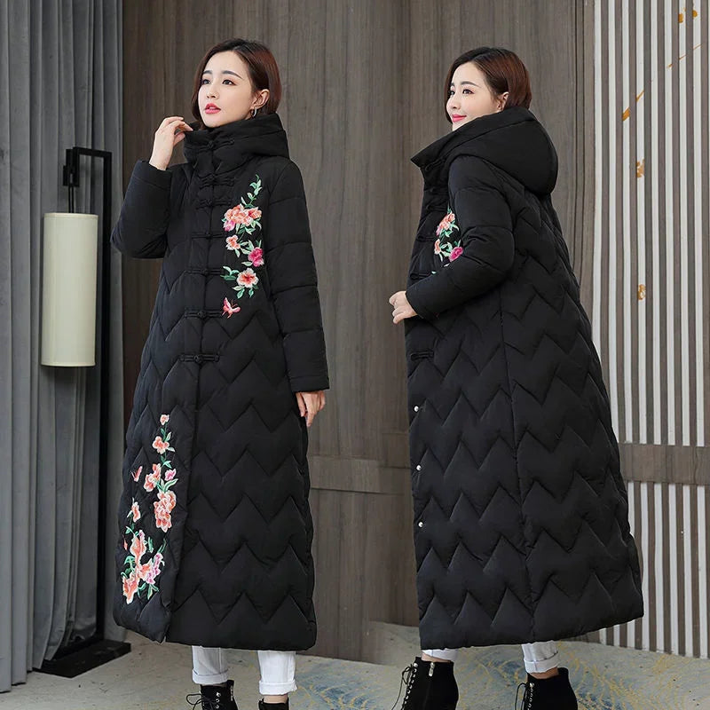 Winter Down Cotton Padded Women Chinese National Style Embroidered Long Outwear Thickened Warm Hooded Parkas Coat Female