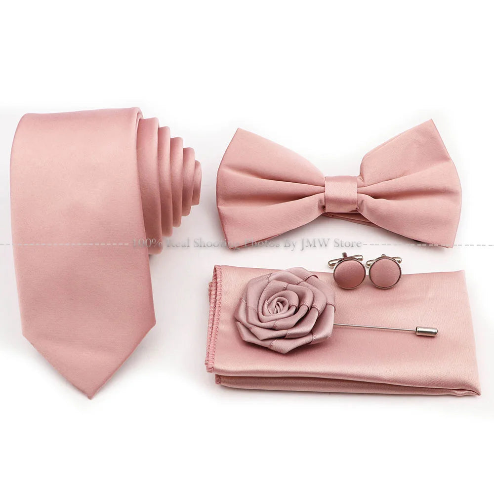 Hot Sale Purple Pink Sage Green Tie Set Polyester Necktie Bowtie Cufflink Brooch For Groom Suit Wedding Cravat Shirt Accessory
