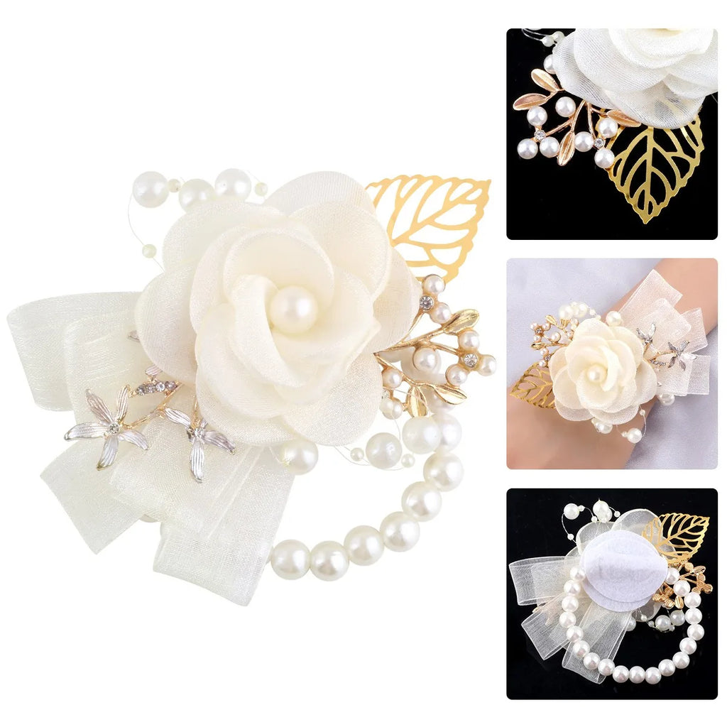 Artifical Rose Flowers Pearl Beaded Wrist Flower Ivory Flowers Bridesmaid Mensuit Marriage Wedding Accessories