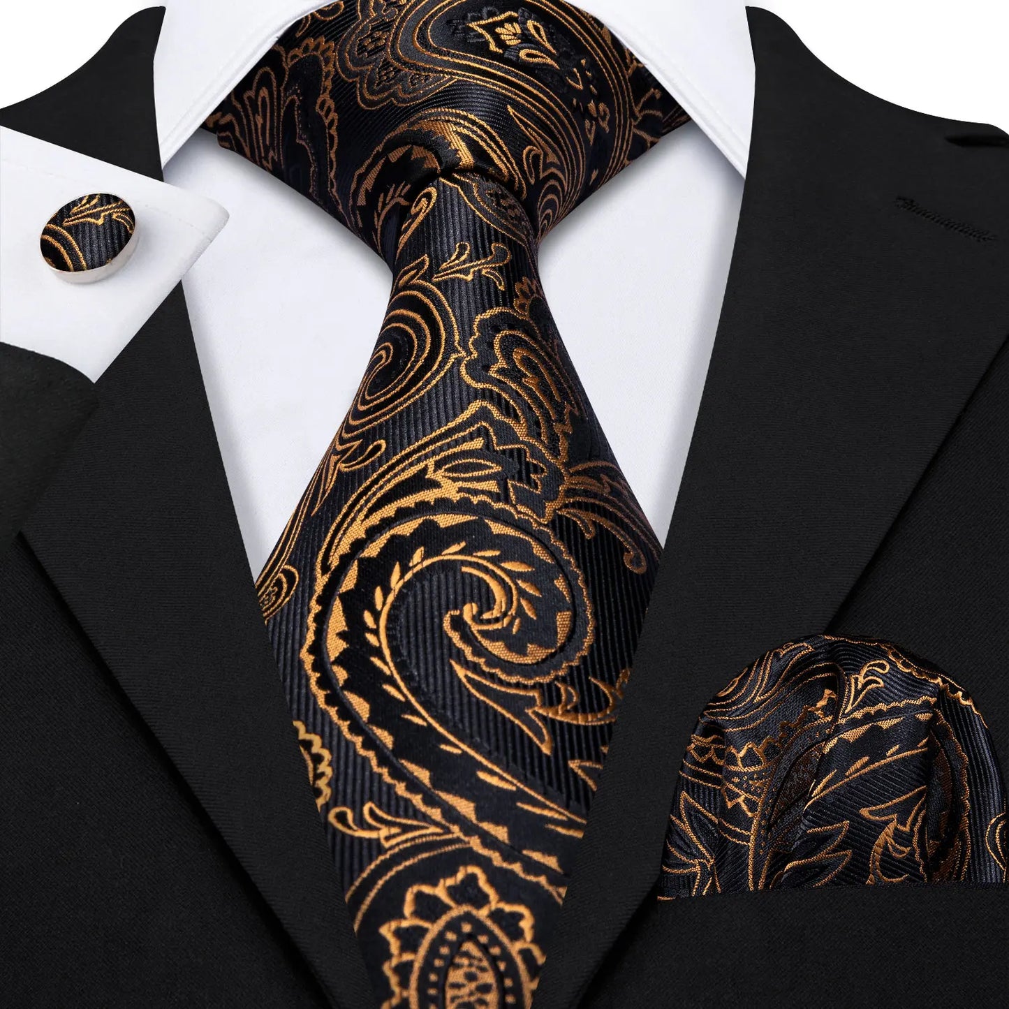 Barry.Wang Gold Silk Mens Tie Hanky Cufflinks Set Yellow Beige Orange Luxury Jacquard Necktie For Male Wedding Business Party