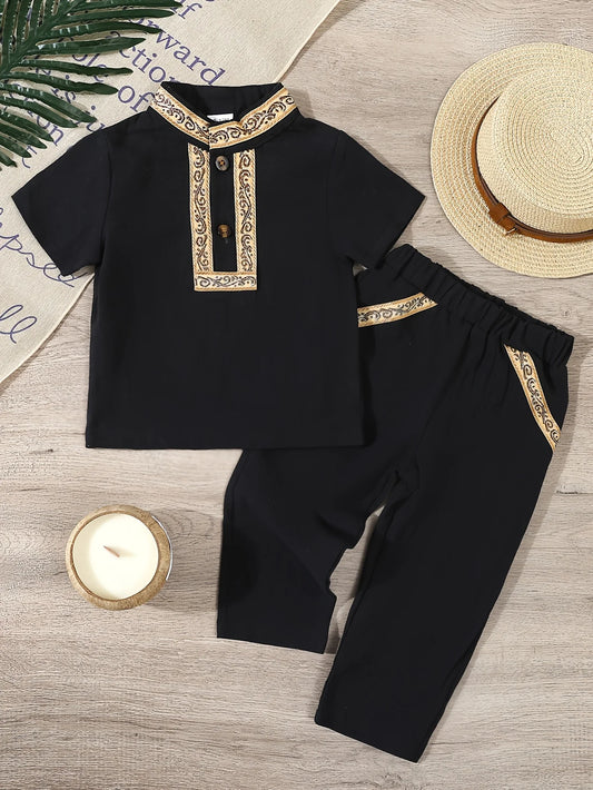 Summer's New Ethnic-Style Clothing For Baby Boys, A Two-Piece Short-Sleeved And Long-Pants Street Simple And Casual Set