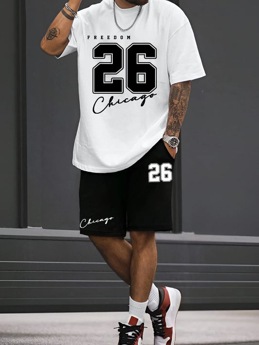 Short-sleeved shorts summer men's suit simple fitted T-shirt letter print with the same printed shorts two-piece set