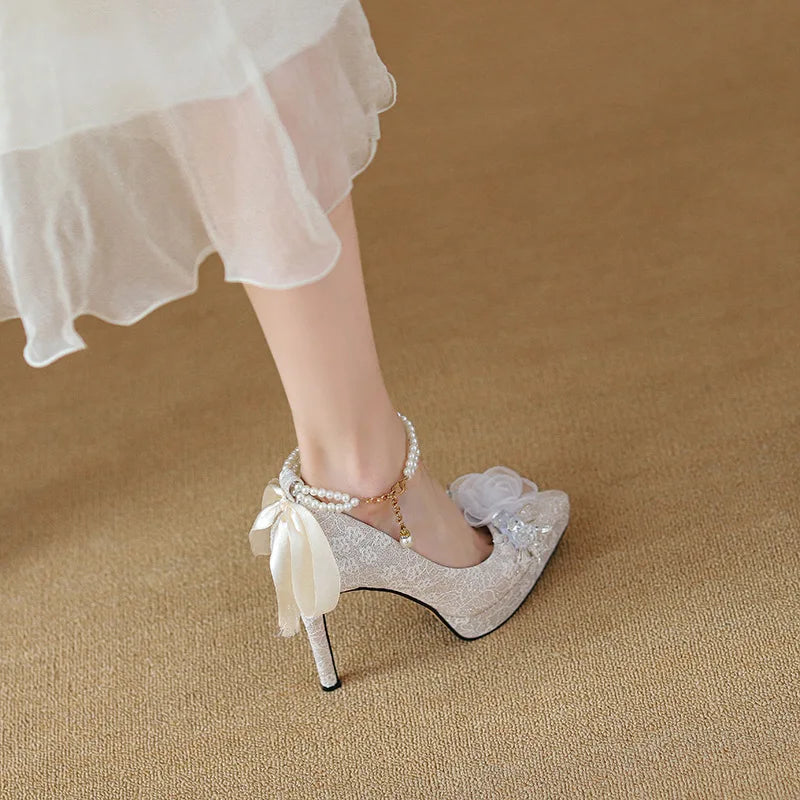 High heels, women's wedding shoes, Hexiu, two pairs of thick heels, beautiful ankle rings, pearl straps, bridal shoes