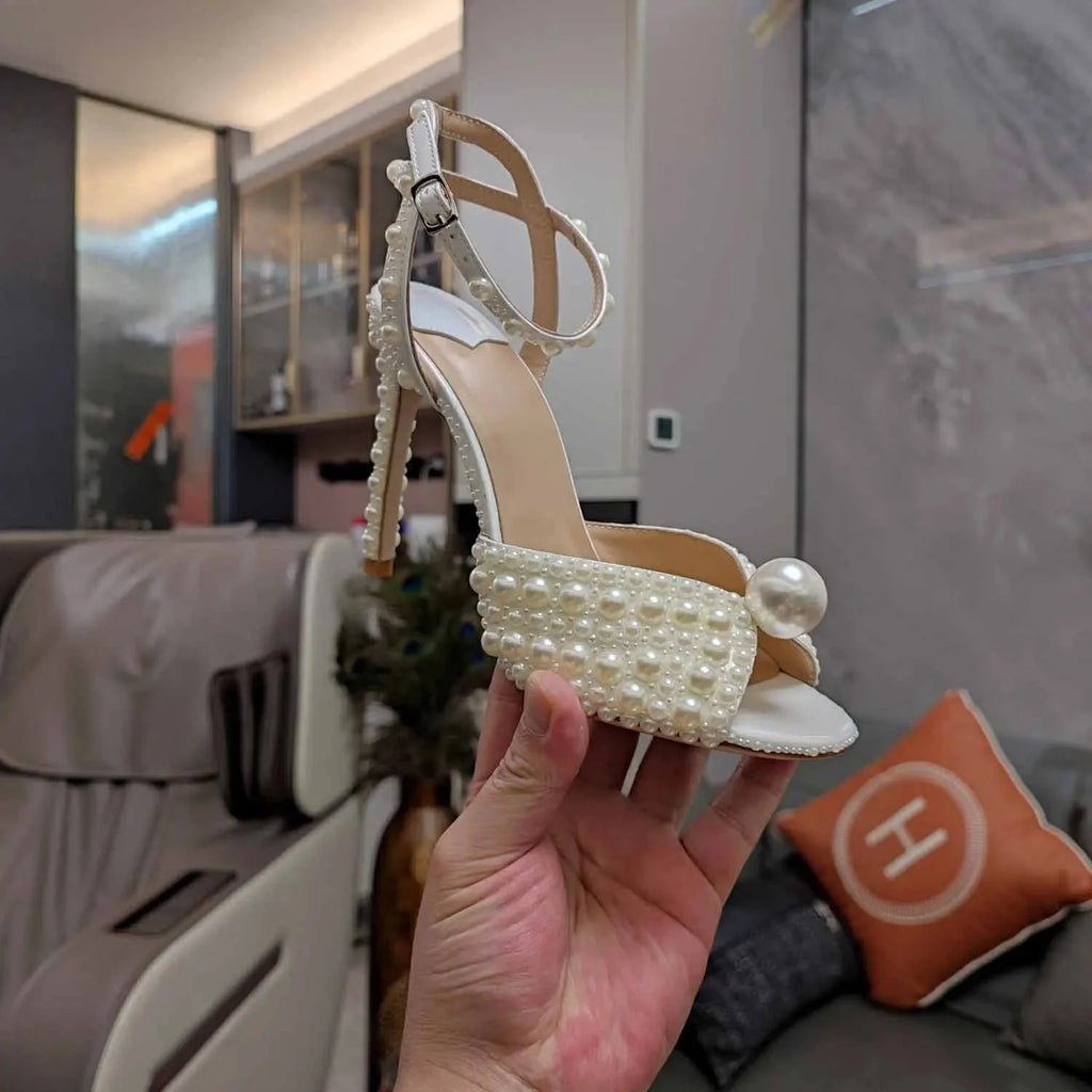 Summer Sandals Classic Women Shoes Round Toe High Heels Pearl Decor Genuine Leather Buckle Strap Women Sandals Sapato Feminino