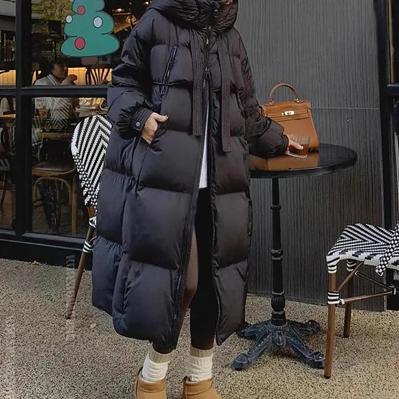 EVNISI Women Casual Thicken Warm Hooded Down Coat Lady Office Parkas Long Sleeve Zipper Pocket Long Coat Fall Winter Down Coat