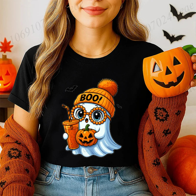 Halloween Horror Ghost Tee Women Clothing Y2K Designer T Shirt Female Cute Ghost Halloween Funny Streetwear Anime Tee Clothes