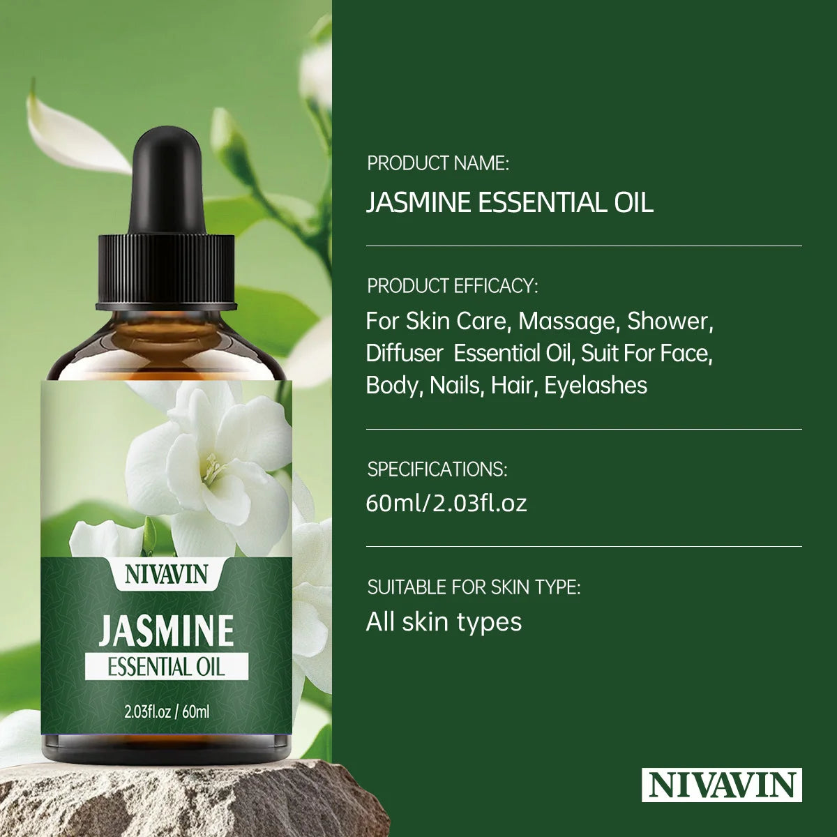 NIVAVIN 30ml/60ml Jasmine Plant Extract Facial Skincare Essential Oil, Rich and Long-lasting Fragrance, Body Care Moisturizing