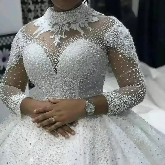Customized African Ball Gown Luxury High Quality Custom Made Bridal Bride Wedding Dresses Long Sleeve Bride's Gowns