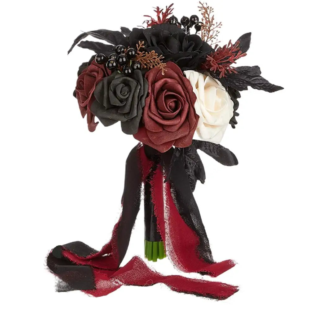 Yannew Black Burgundy Gothic Bridal Bouquets for Bride Bridesmaids Artifiicial Silk Foam Roses Flower Wedding Bouquet Halloween