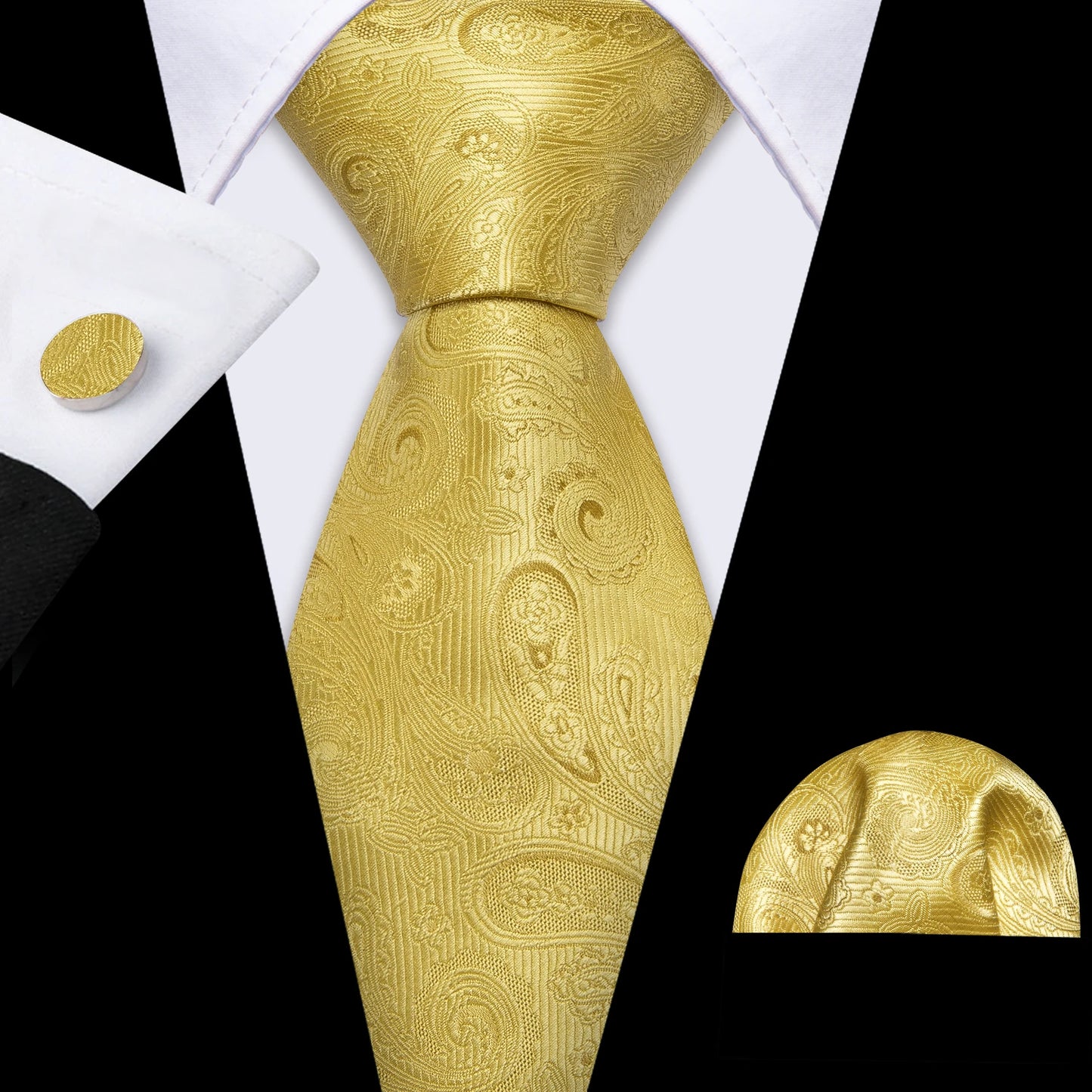 Barry.Wang Gold Beige Yellow Brown Tulip Silk Men Tie Handkerchief Cufflink Set Jacquard Necktie for Male Wedding Business Party