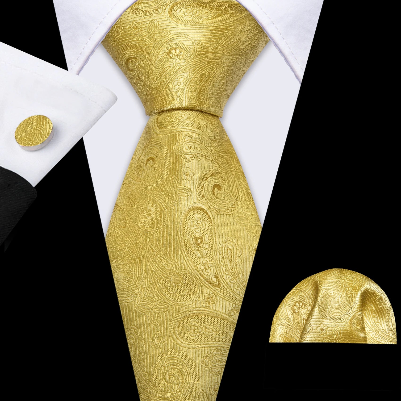 Barry.Wang Gold Beige Yellow Brown Tulip Silk Men Tie Handkerchief Cufflink Set Jacquard Necktie for Male Wedding Business Party