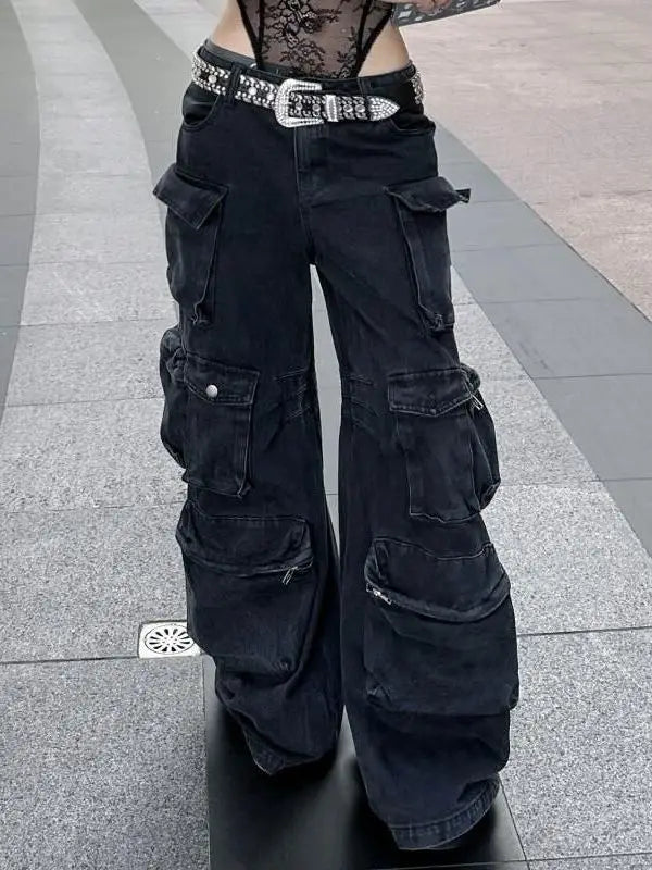 Casual jeans American washed multi-pocket work jeans Y2K retro women's street black straight-leg loose wide-leg pants