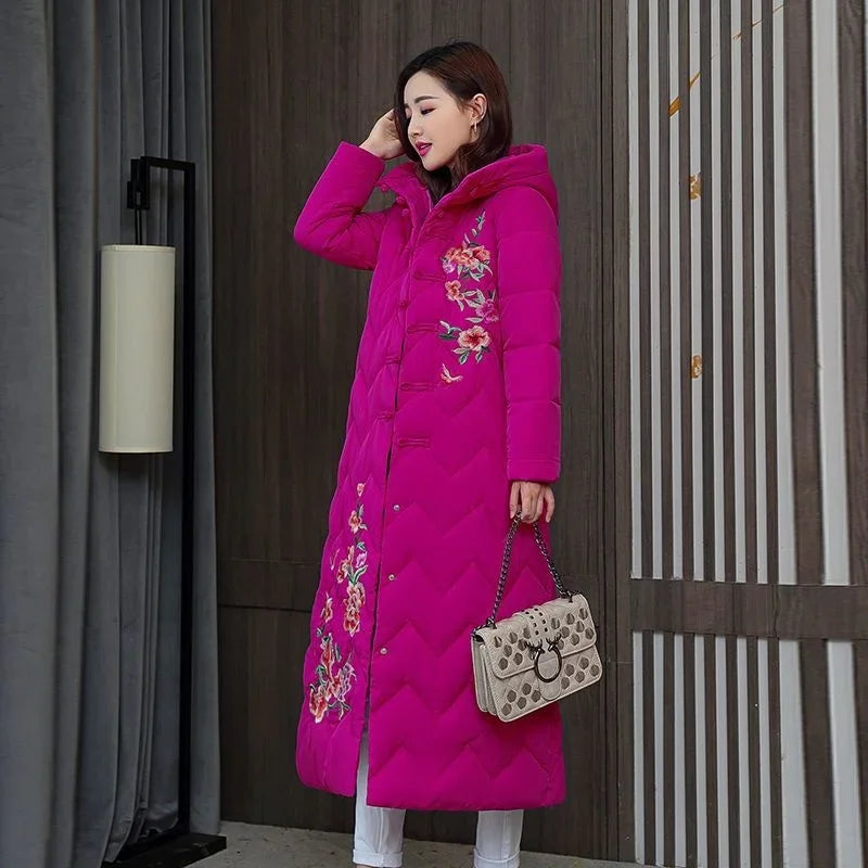 Winter Down Cotton Padded Women Chinese National Style Embroidered Long Outwear Thickened Warm Hooded Parkas Coat Female