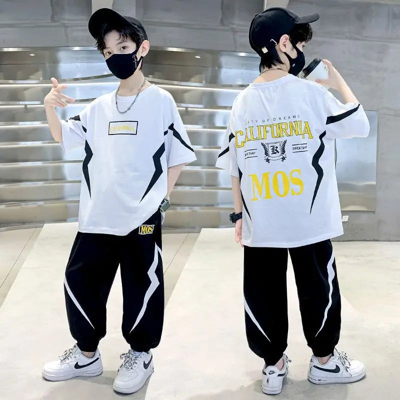 Summer Boys Cotton Alphabet Lightning T-Shirt Tops+Sweatpant School Kids 2PCS Tracksuit Child Jogger Outfit Workout Set 5-14 Yr