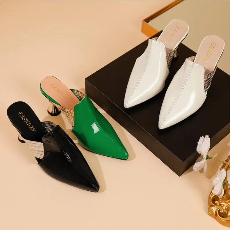 Women Sandals Wedding Party Strange Heels Mules Fashion Rhinestone Slippers Quality PU Pumps Shoes Woman