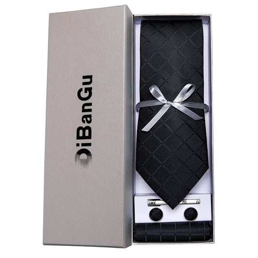 Solid Black Plaid Men's 8cm Polyester Neck Tie Handkerchief Cufflinks Set with Gift Box Tie Clip Birthday Anniversary Gift