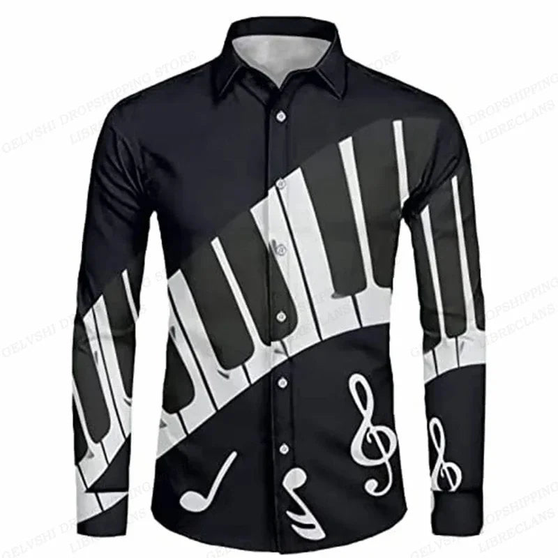 Long Sleeve Hawaiian Shirts Men Fashion Music Hawaii Shirt Instrument Beach Blouses Single Breasted Camisas Men's Clothing Aloha