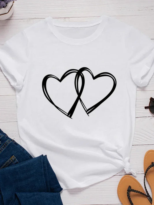 Double Heart Print Women T Shirt Short Sleeve O Neck Loose Women Tshirt Ladies Fashion Tee Shirt Tops Clothes