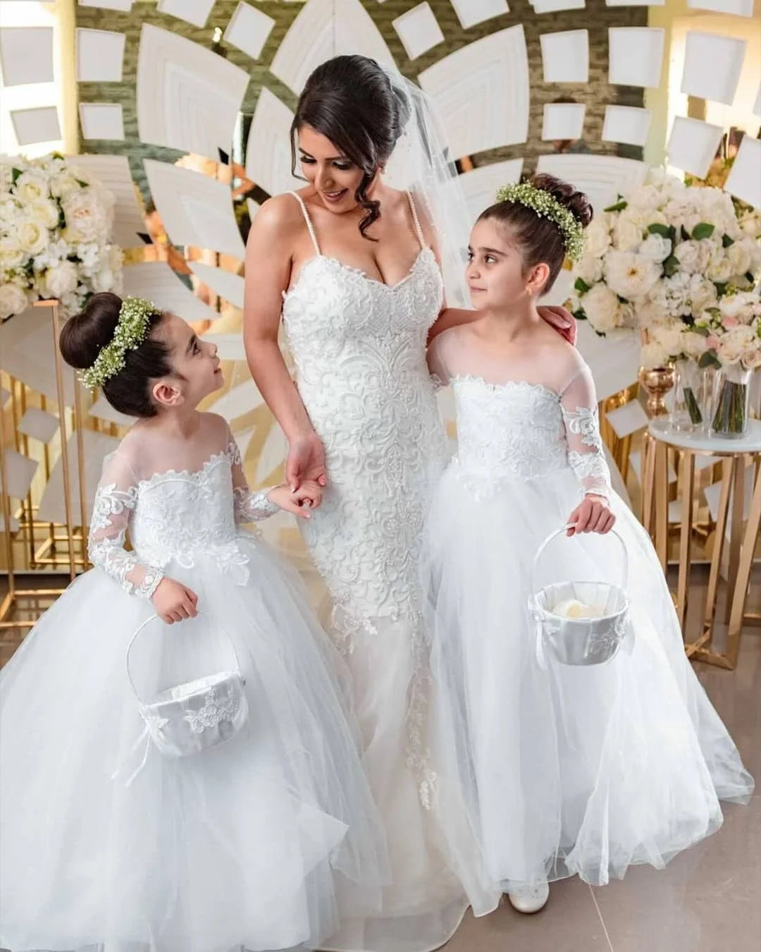 2024 Toddler Lace Tulle Flower Girls Dress Princess Kids Child Baptism Wedding Party Junior Bridesmaid Maxi Ball Gown Evening